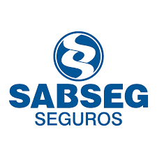 Logotipo da SABSEG SEGUROS, texto e símbolo azuis sobre fundo branco.