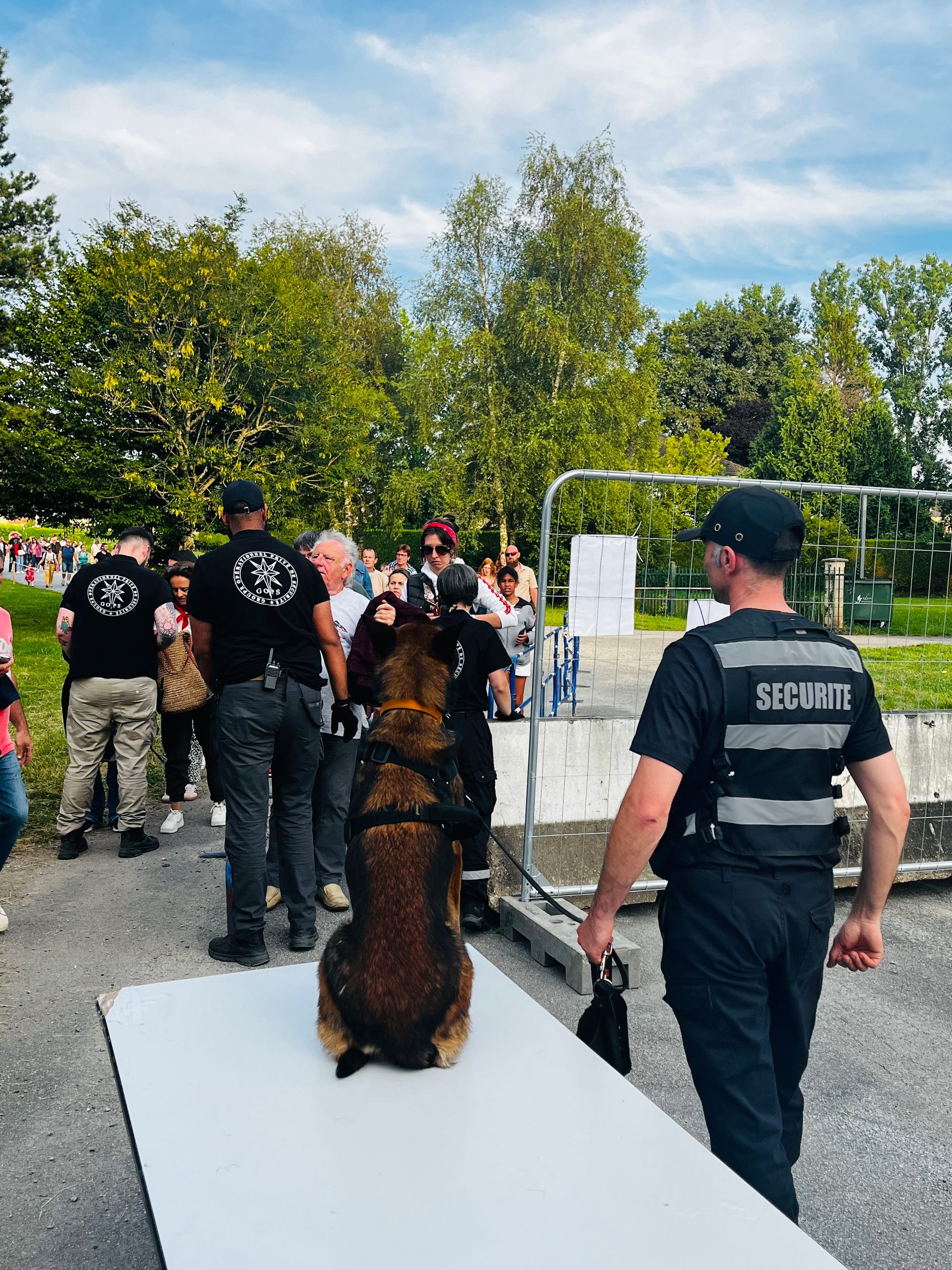 Chien de sécurité et son maître effectuant une fouille près d'une foule. Des personnes et des arbres en arrière-plan.