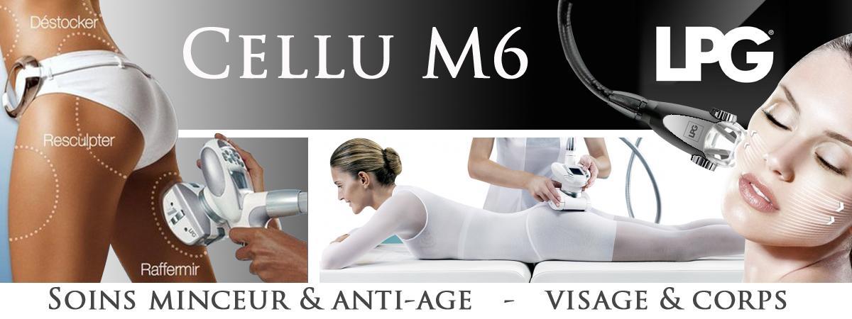 Publicité avec femme qui se fait masser à l'aide de la machine CELLU M6 LPG