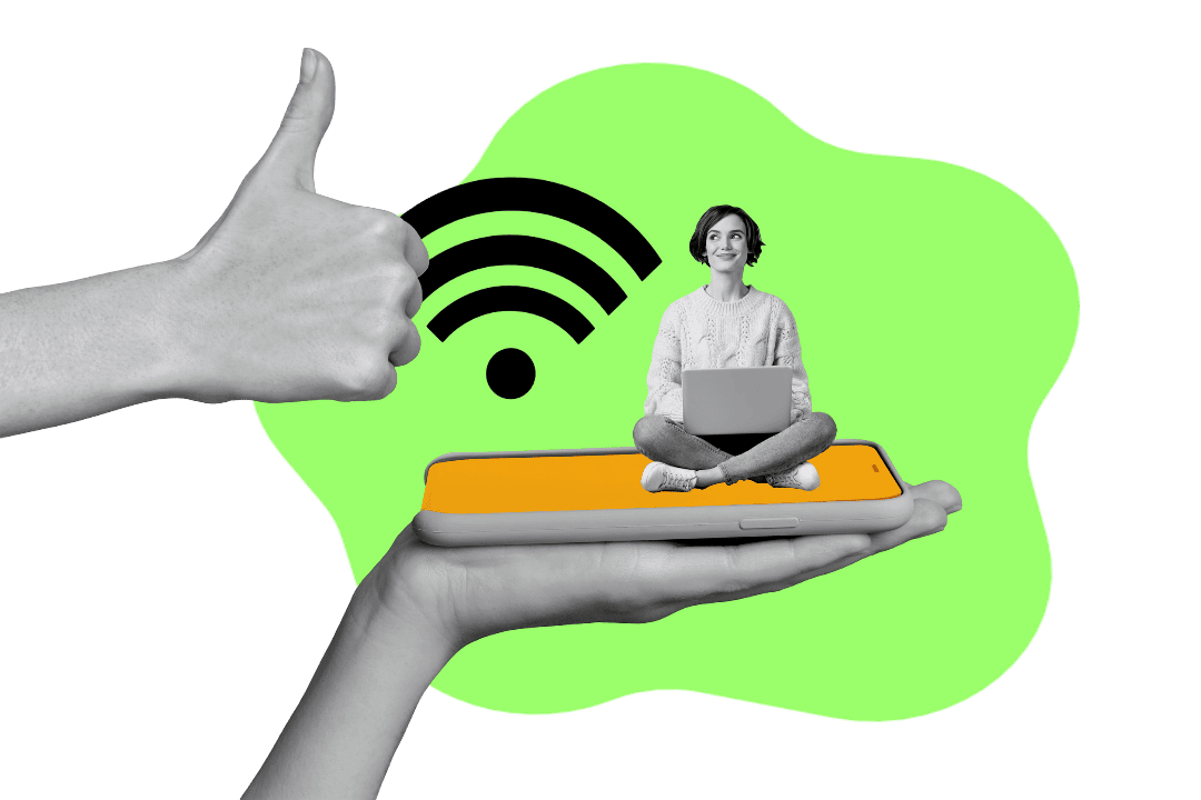 Una mano sostiene un teléfono inteligente con una persona sentada encima, junto a un símbolo de Wi-Fi.