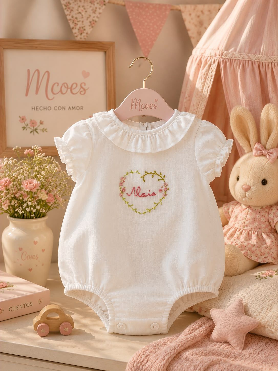 Pelele blanco para bebé colgado en una percha, ambientado en una habitación infantil de color rosa pálido con decoración de conejitos y flores.