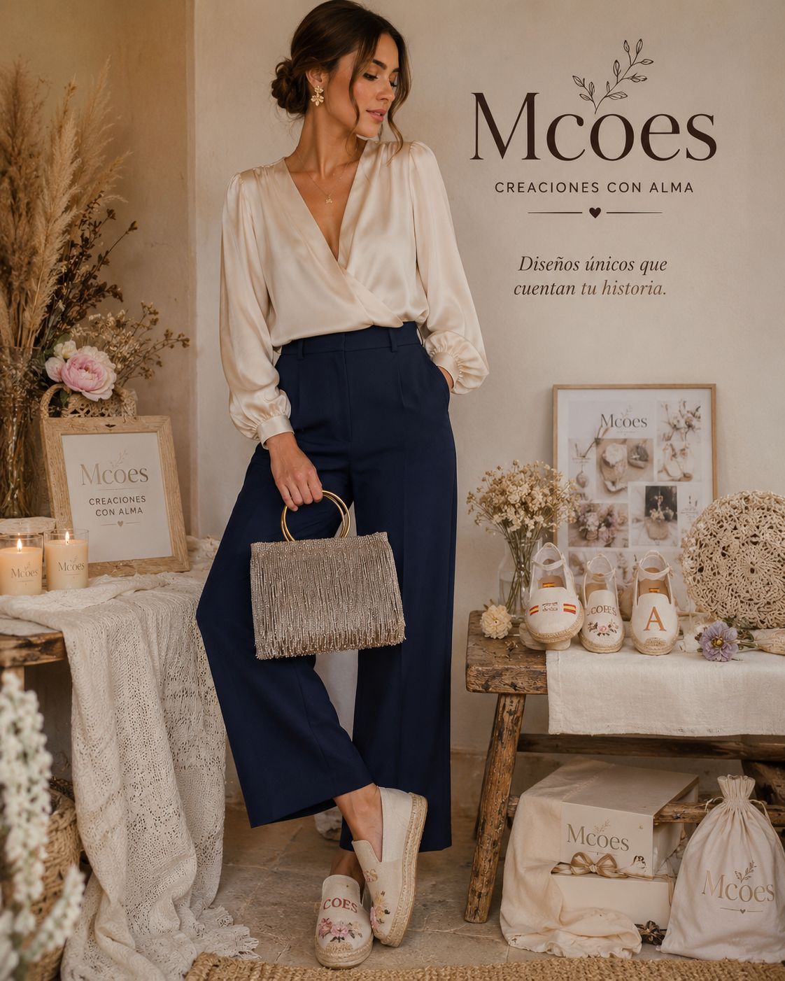 Mujer con blusa color crema y pantalones azul marino posando en un acogedor escaparate de boutique con velas, flores y bolsas de compra.