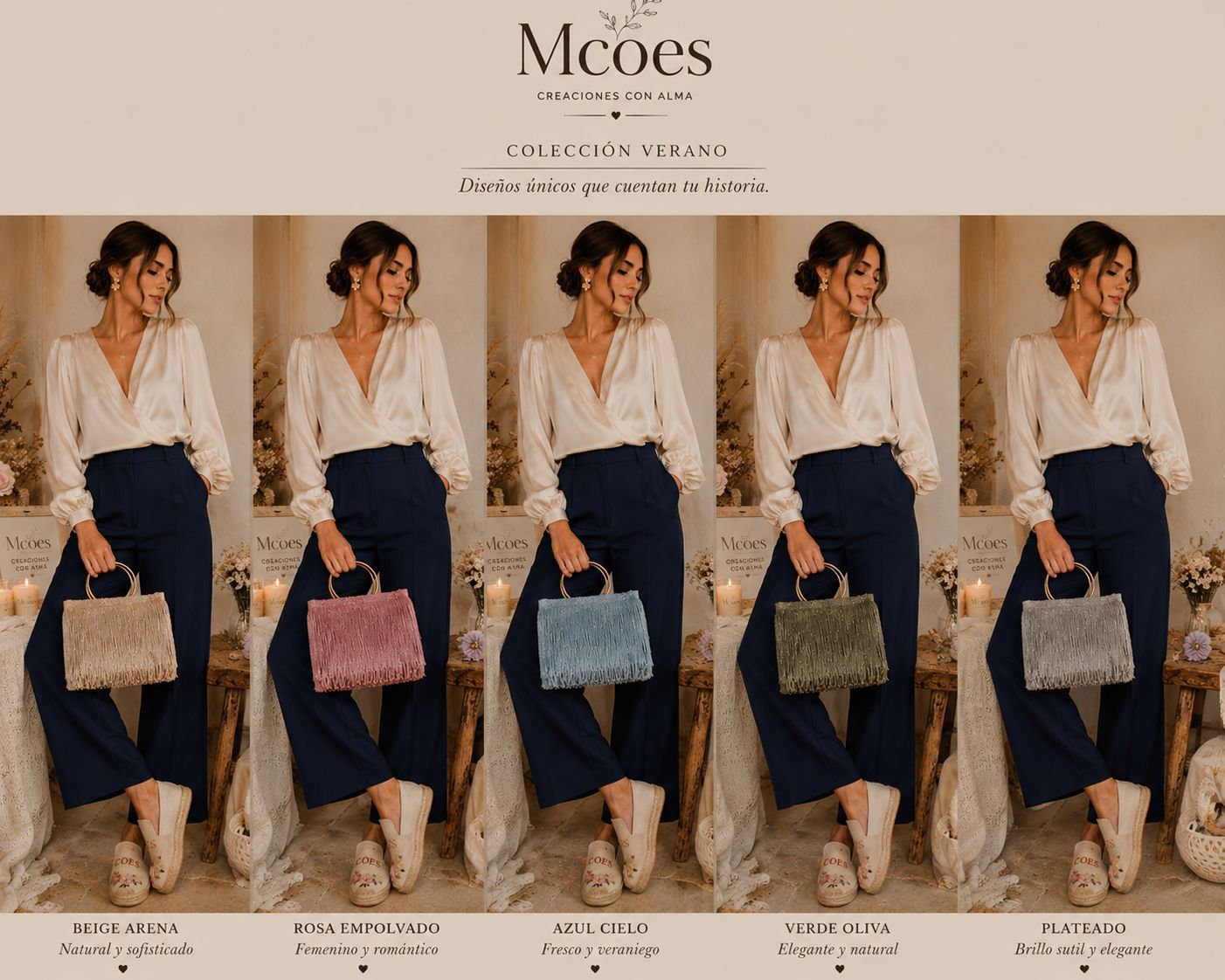 Anuncio de bolsos Moes que muestra a cinco mujeres sosteniendo bolsos de diferentes colores y con diferentes atuendos contra una pared beige.