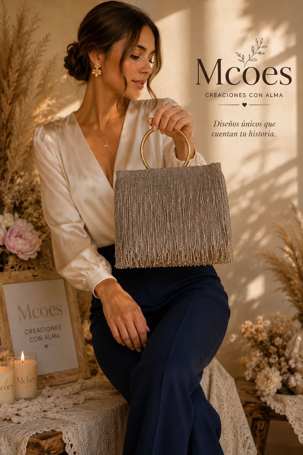 Mujer sentada con un bolso de mano tejido en un anuncio de moda de Mcocs en tonos cálidos.