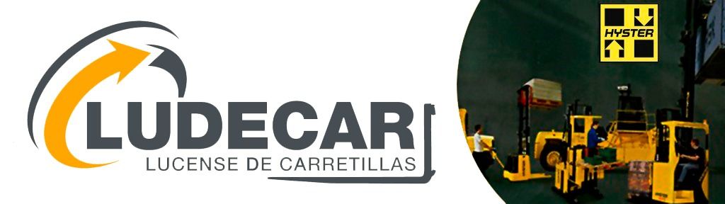 Logotipo de LUDECAR con una excavadora amarilla y el texto “LICENSE DE CANTERILLAS” sobre un fondo blanco.