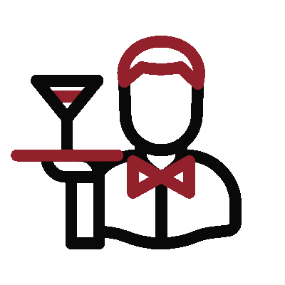 Serveur tenant un verre à cocktail rouge et un plateau, portant un chapeau et un nœud papillon rouges.