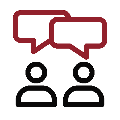 Deux icônes d'utilisateur noires sous deux bulles de dialogue rouges, indiquant une conversation ou un échange.