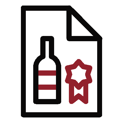 Icône de bouteille de vin et de ruban de récompense sur un document