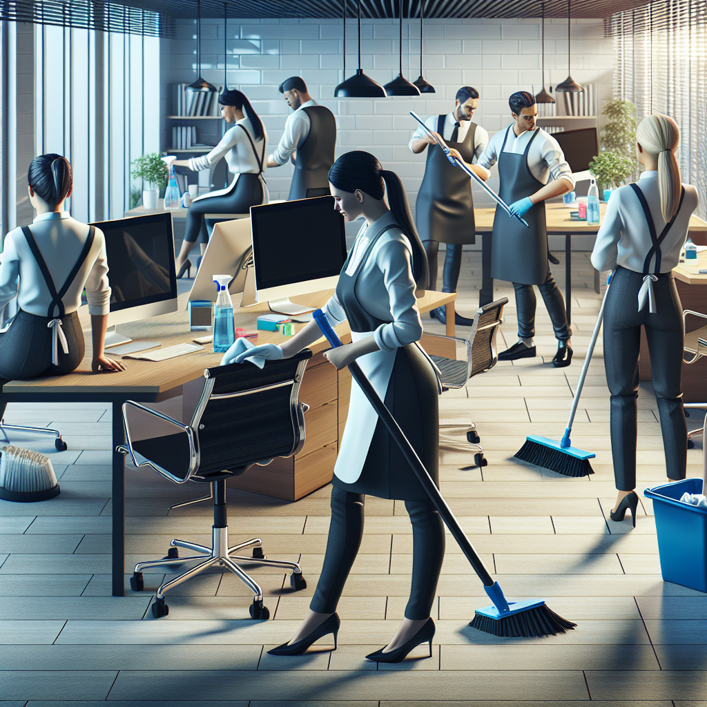 Realistic stock image of professionals cleaning office