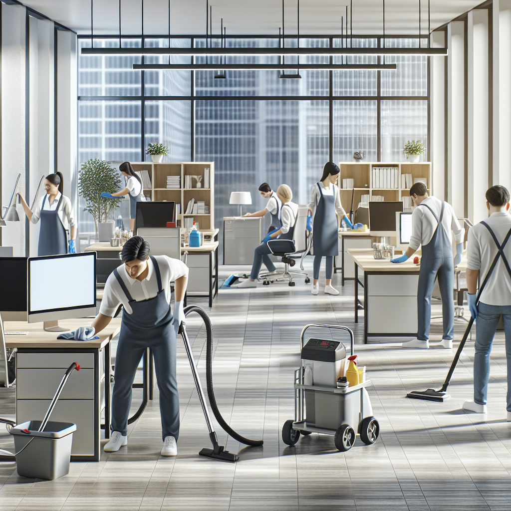 Realistic stock image of workers cleaning office.