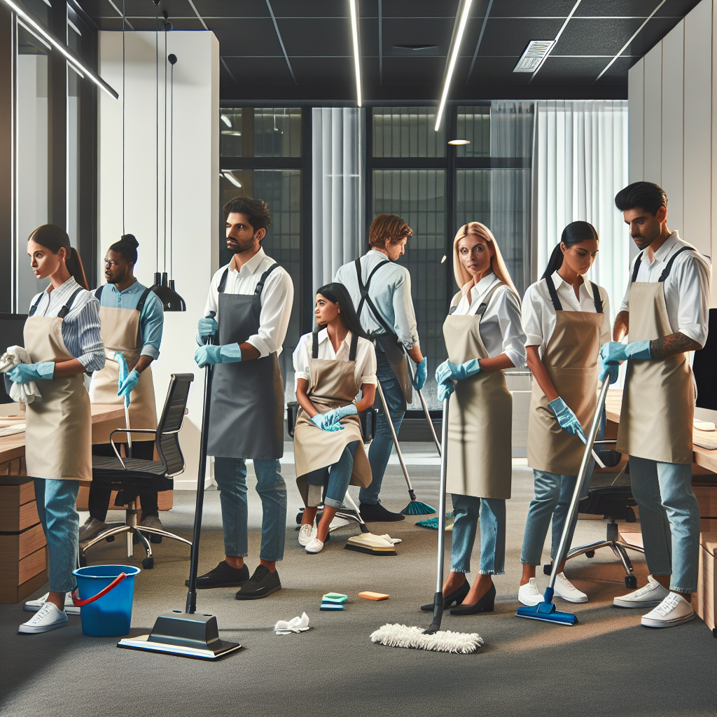 Realistic stock image of professionals cleaning office.