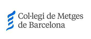 The logo for collegi de metges de barcelona has a blue swirl on it.