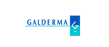 Un logotipo azul y blanco para una empresa llamada Galderma.