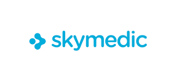 El logotipo de Skymedic es azul y blanco sobre un fondo blanco.