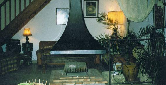 Salon chaleureux avec cheminée, canapé en cuir marron et grande plante. Éclairage tamisé.