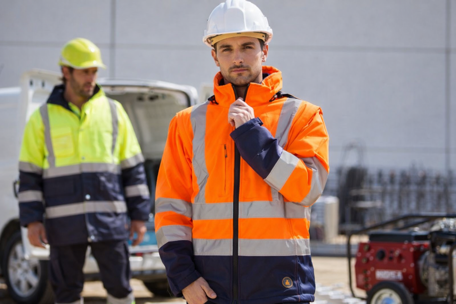 Dos trabajadores con chalecos reflectantes y cascos de seguridad permanecen de pie en una obra de construcción.