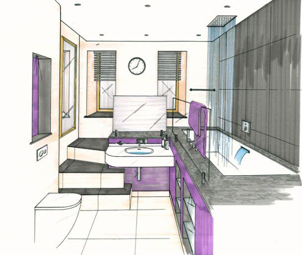 Un dessin d'une salle de bain avec un lavabo, des toilettes et une baignoire.