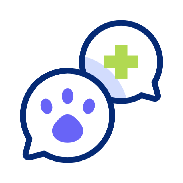 Dos globos de diálogo: Huella de pata, cruz médica, consulta veterinaria.