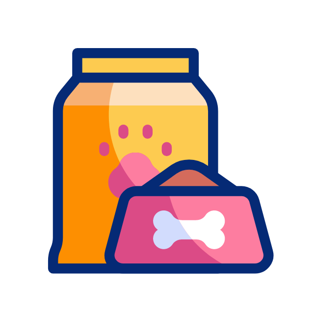Bolsa y cuenco para comida para perros; gráfico de hueso en color rosa, amarillo y azul.