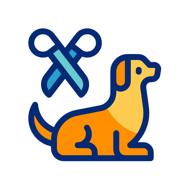 Icono de peluquería canina: perro naranja acostado con unas tijeras azules cruzadas encima.