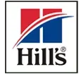 Logotipo da ração para animais de estimação Hill's com quadrados vermelhos e azuis, uma linha curva e o nome da marca.