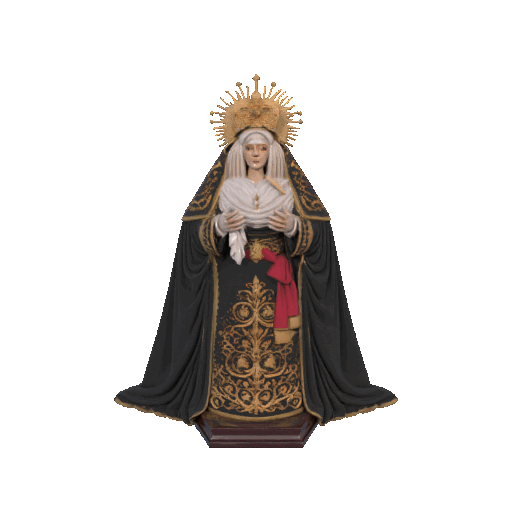 Estatua de una mujer con túnica negra con detalles dorados y un halo, sosteniendo un paño blanco.