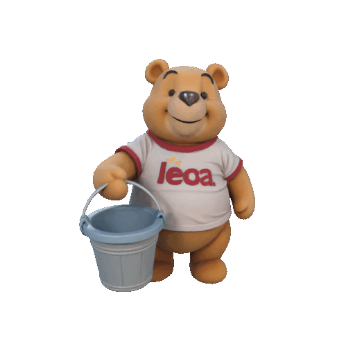 Winnie the Pooh con una camiseta que dice “leoa”, sosteniendo un cubo azul.