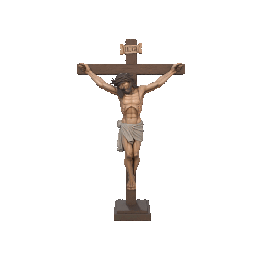 Crucifijo: Jesús en una cruz de madera, con una corona de espinas y un taparrabos.