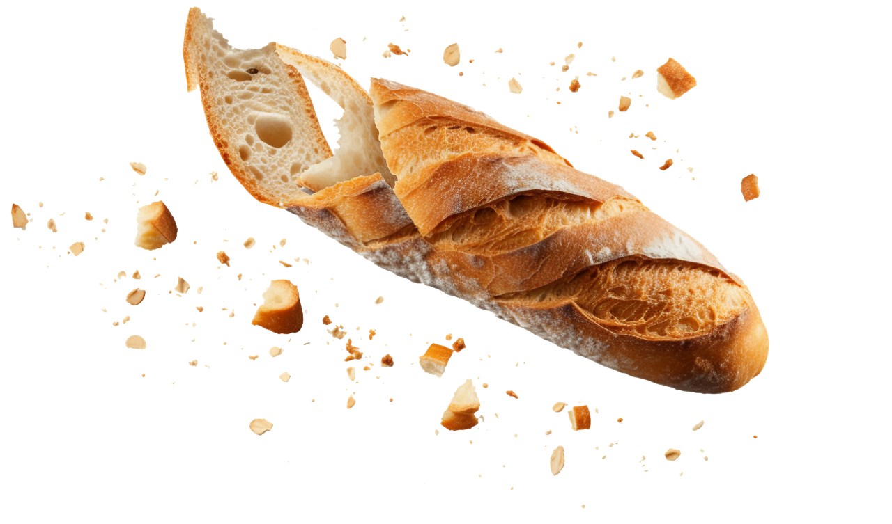 Une baguette française partiellement tranchée, disposée en biais sur un fond blanc, entourée de chapelure éparpillée.