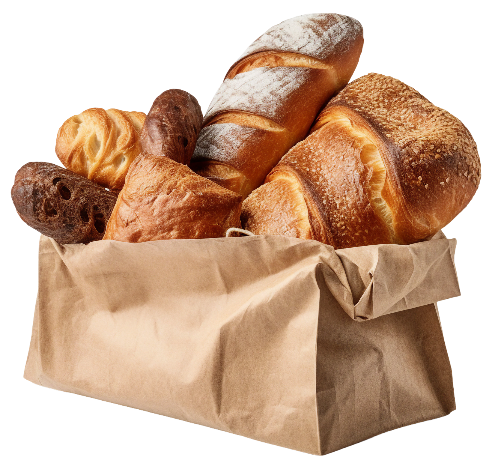 Un sac en papier rempli d'un assortiment de pains et de pâtisseries artisanales croustillants et dorés, sur fond blanc.