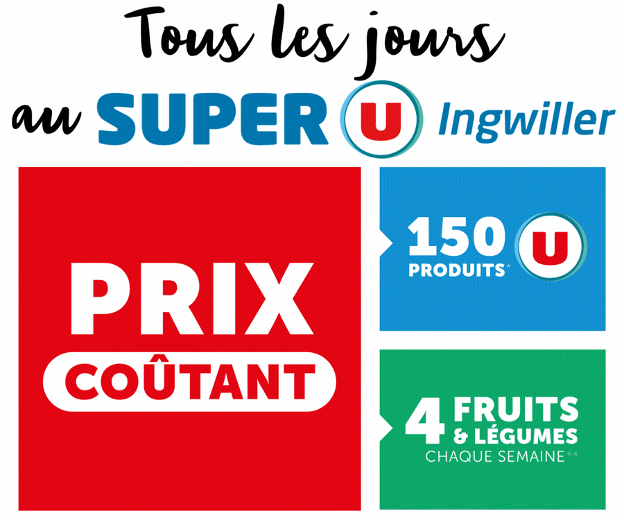 Tous les jours au Super U Ingwiller 150 produits U, Prix coûtant, 4 fruits & légumes chaque semaine. 20 % reversés sur votre carte U, sur au moins 170 produits U. J’ai tellement plus à y gagner. Présentation de la carte U. Un large choix de produits à prix mini. Tous les mercredis au Super U Ingwiller, 20 % reversés sur votre Carte U dès 5 € d’achats aux rayons bébé.