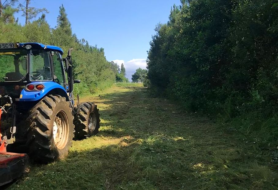 Um trator azul está cortando grama em um campo.