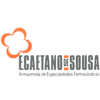 Logotipo da ECAETANO DE SOUSA. Forma floral laranja, texto cinza e descrição da farmácia.