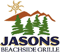 Logo for Jason's Beachside Grille: sun, mountains, evergreen trees, and restaurant name in blue and yellow.