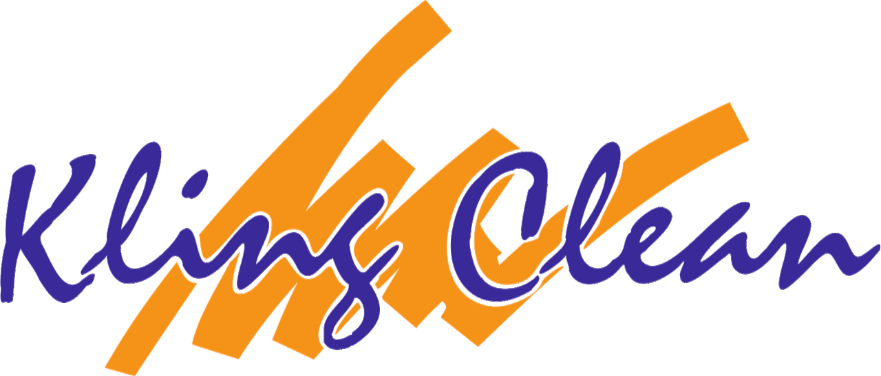 Klings Clean Logo in blauer Schrift mit orangefarbenen Pinselstrichen.