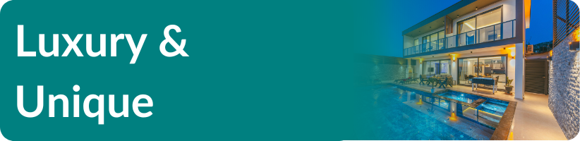 A picture of a house with the words luxury and unique on it