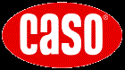 Ein rot-weißes Caseo-Logo auf schwarzem Hintergrund