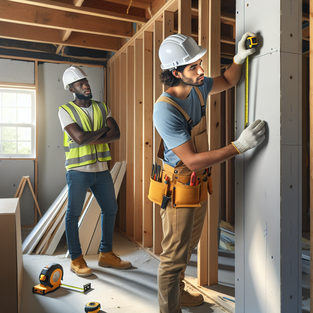 Realistic stock image of workers installing pladur