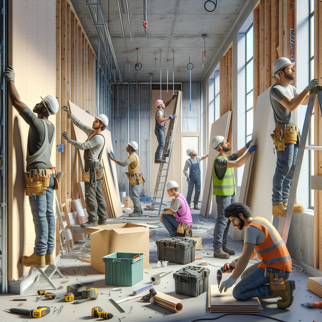 Realistic stock image of workers installing pladur.