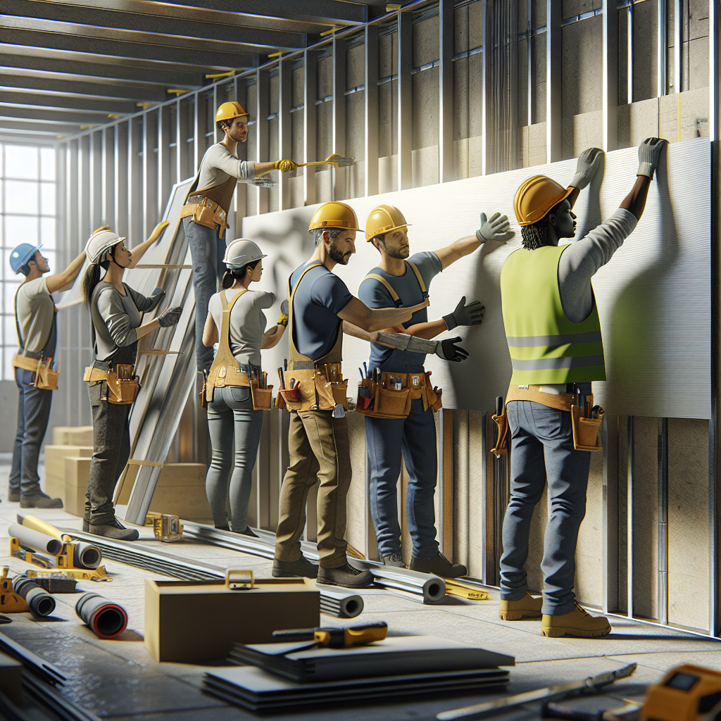 Realistic stock image of workers installing pladur