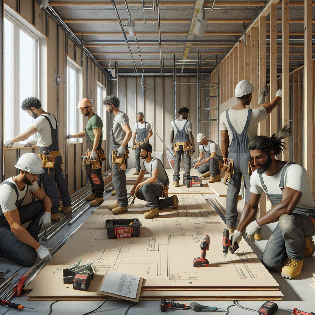 Realistic stock image of workers installing pladur.