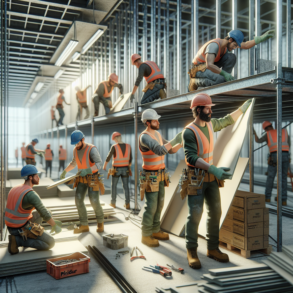 Realistic stock image of workers installing pladur.