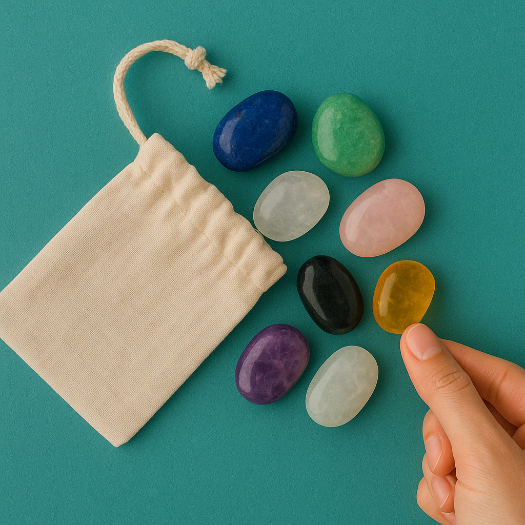 Eine Person hält einen violetten Stein vor einem Sack voller Steine.