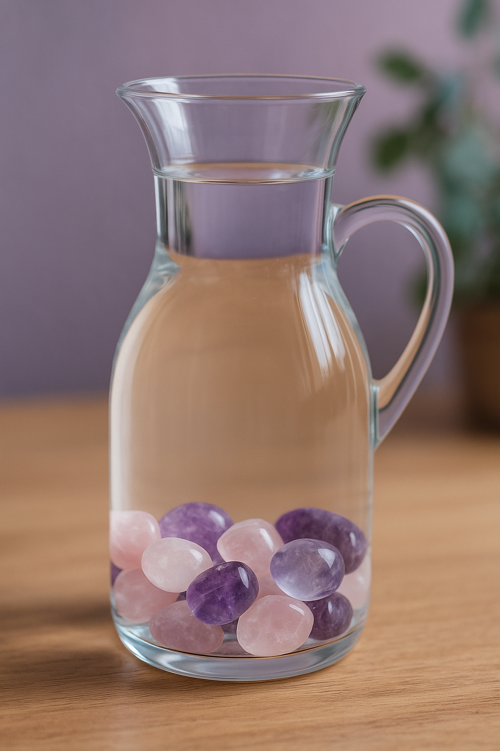 Glaskrug gefüllt mit Wasser und rosa und violetten Steinen auf einem Holztisch.