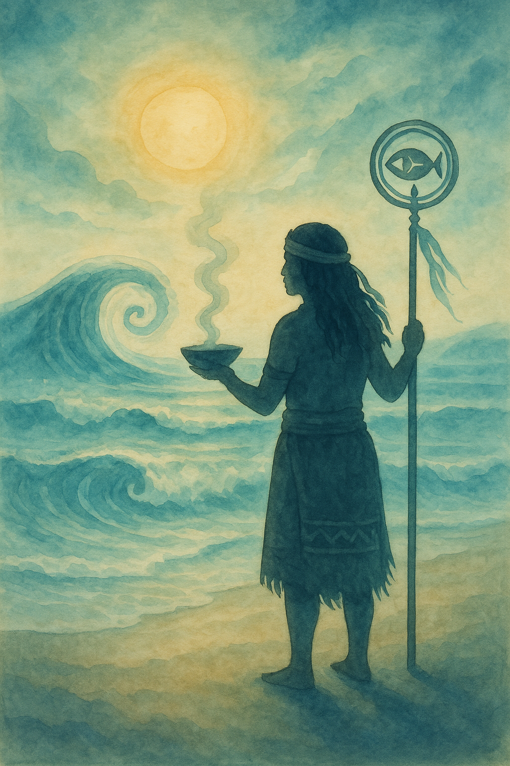 Frau hält Schüssel, steht am Ufer, Sonne scheint, Wellen brechen. Stab mit Fischsymbol.