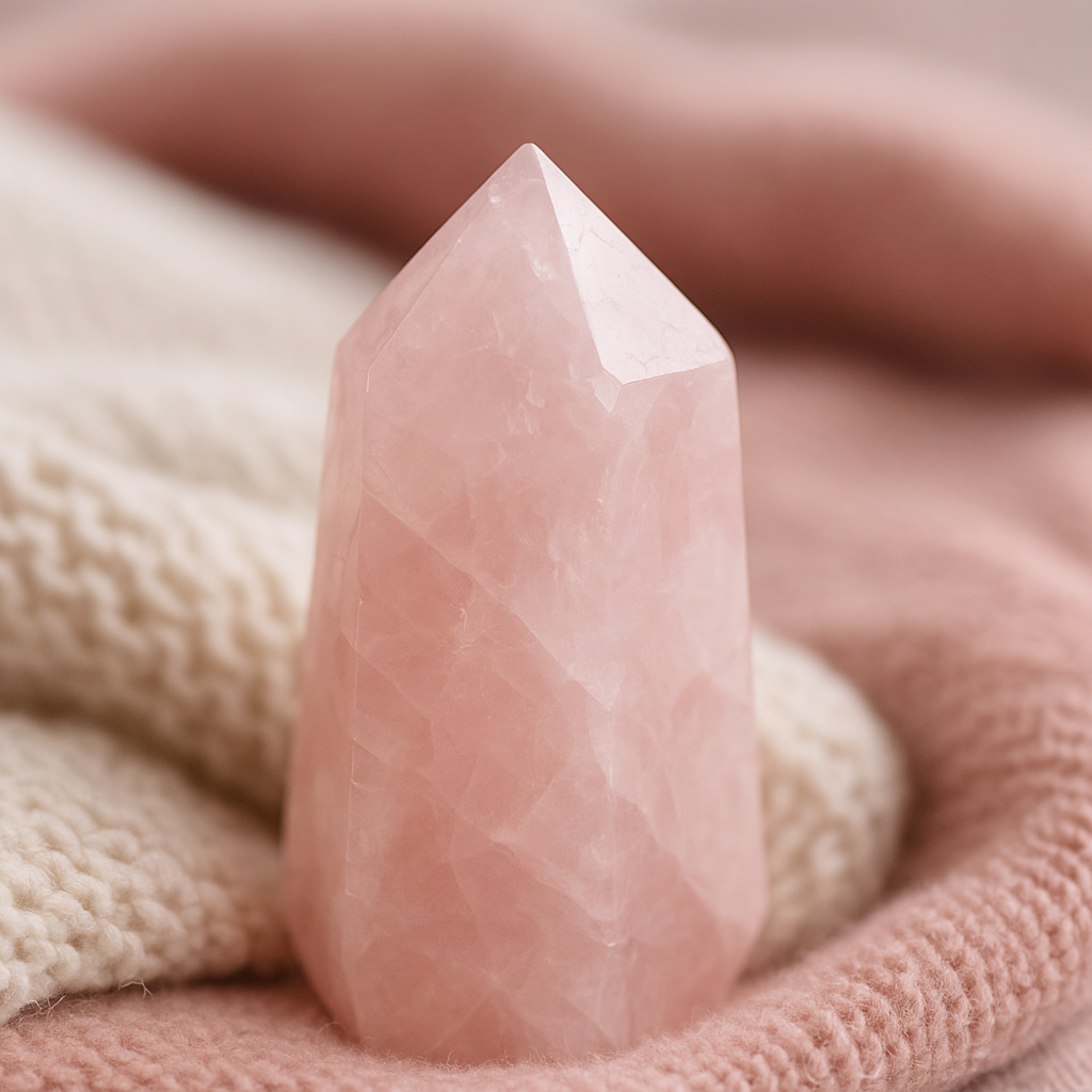 Rosenquarz-Kristallturm auf rosa und beigem Textilhintergrund.