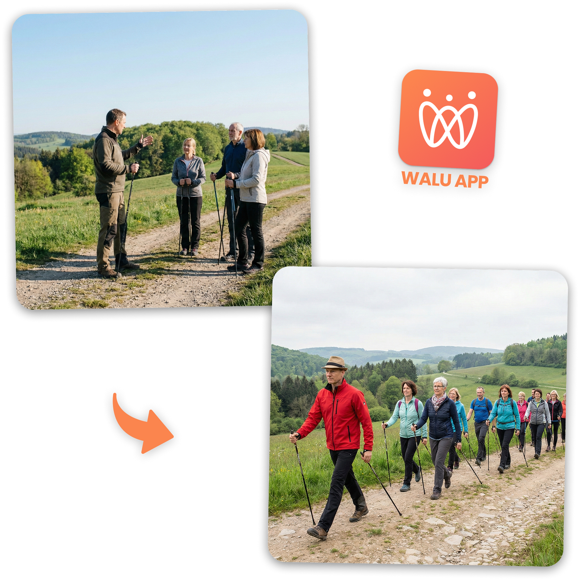 Gruppe nutzt die WALU-App für geführte Wanderungen im Freien. Menschen auf Wegen, Grünflächen und das App-Logo.