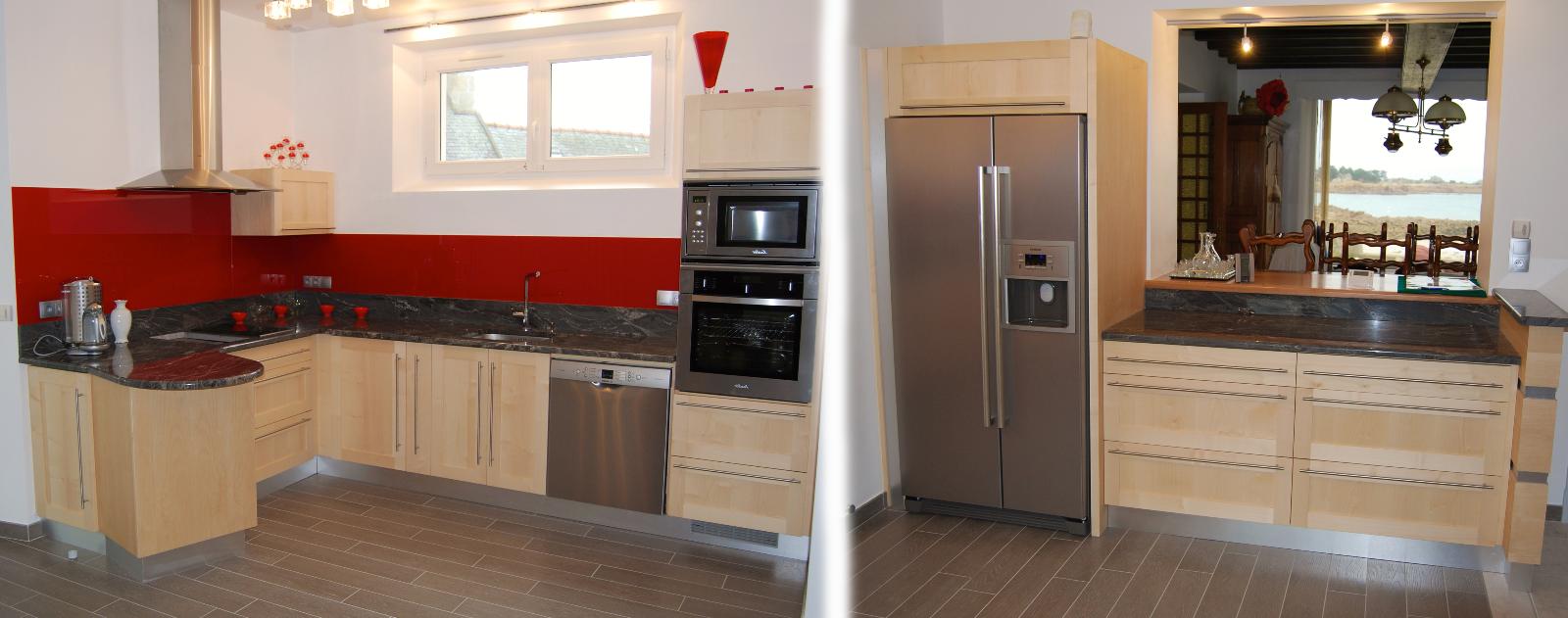 Cuisine - Portes à cadre en érable massif - Plan de travail en pierre - Lannion