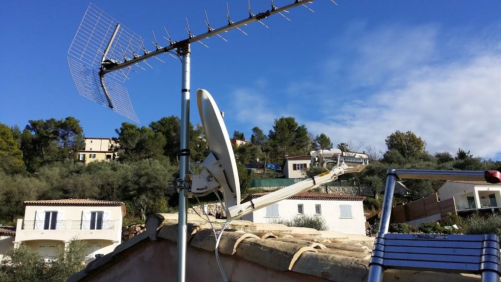 Vue du toit de l'antenne de télévision, de l'antenne parabolique, des maisons, des arbres et du ciel.