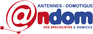 Logo d'Ondom Antennes et Domotique. Symbole « @ » rouge et texte en rouge et bleu. « Des spécialistes à domicile ».